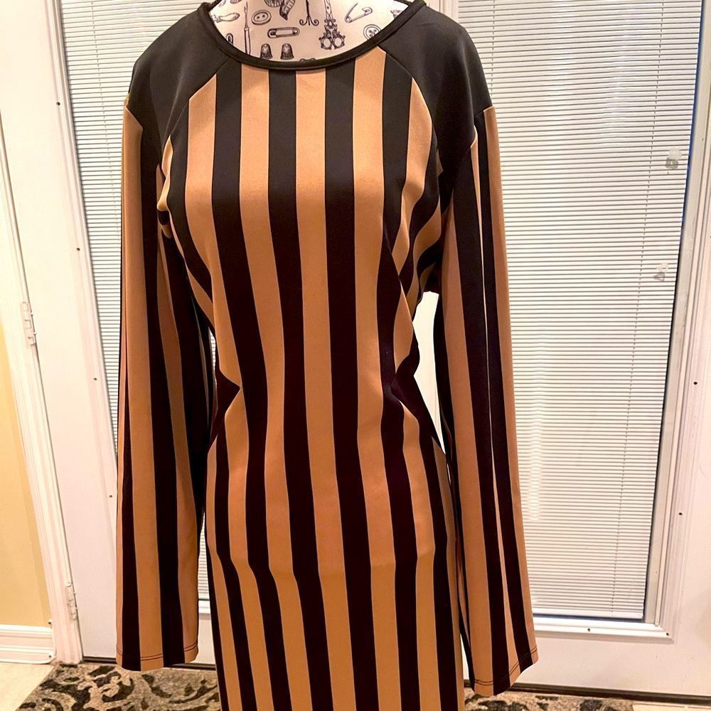PLUS SIZE: Ashley Stewart Tan/Black Striped Dress—sz 14/16